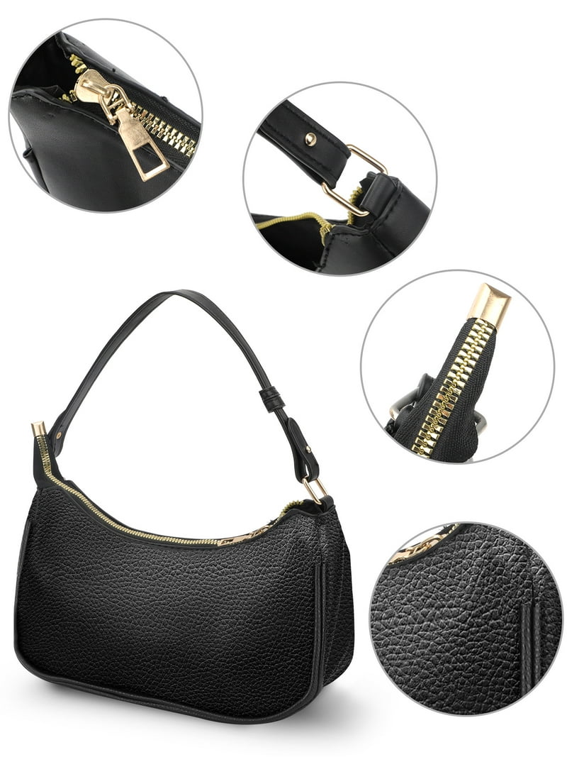 TSV Small Leather Shoulder Bag, Black Handbag with Zipper Closure