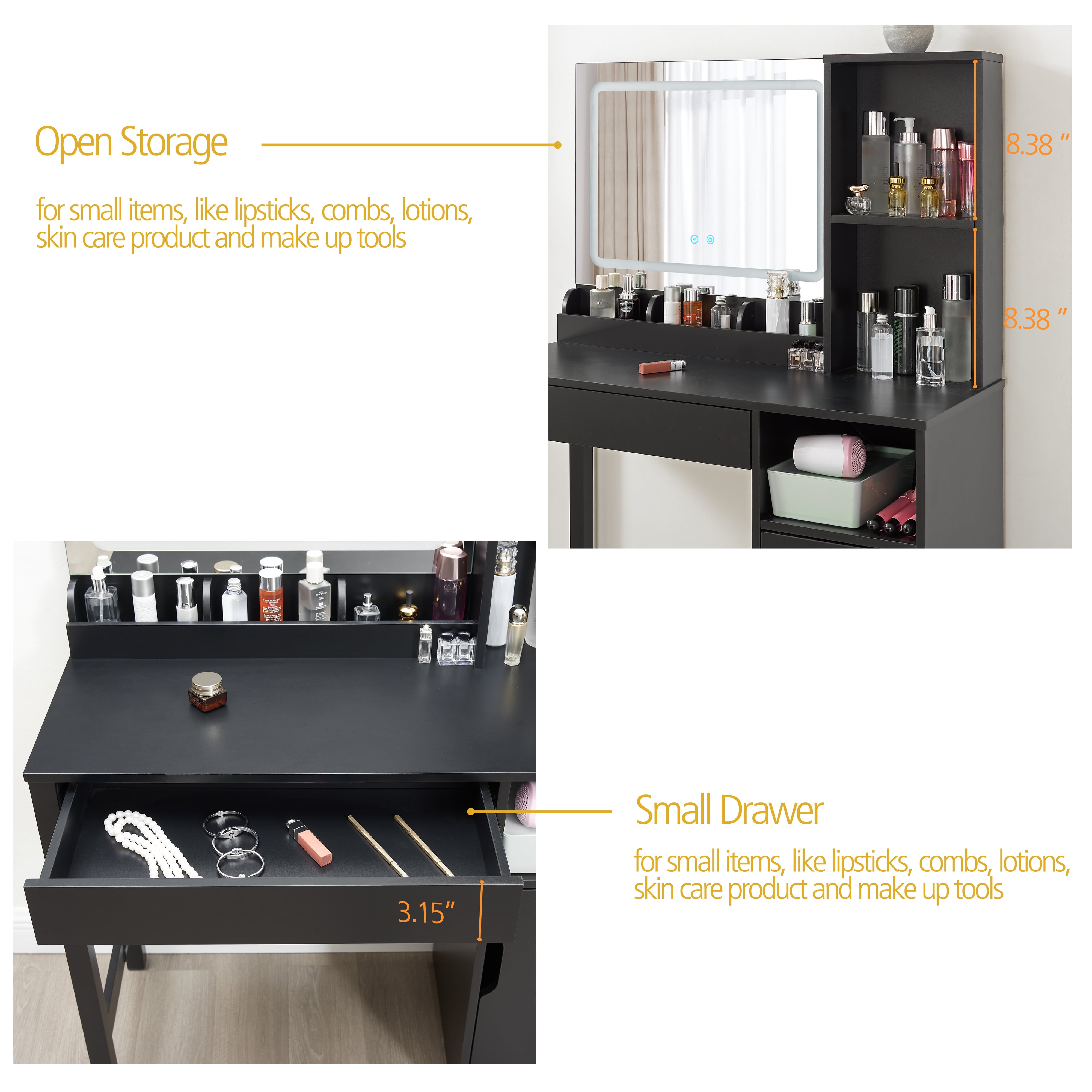 Mainstays Get Ready with Me GRWM Right Vanity Table with Lighted Mirror and Storage, Black Finish
