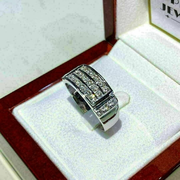 2Ct Round Cut Real Moissanite Diamond Mens Wedding Band Ring 14K White Gold Over