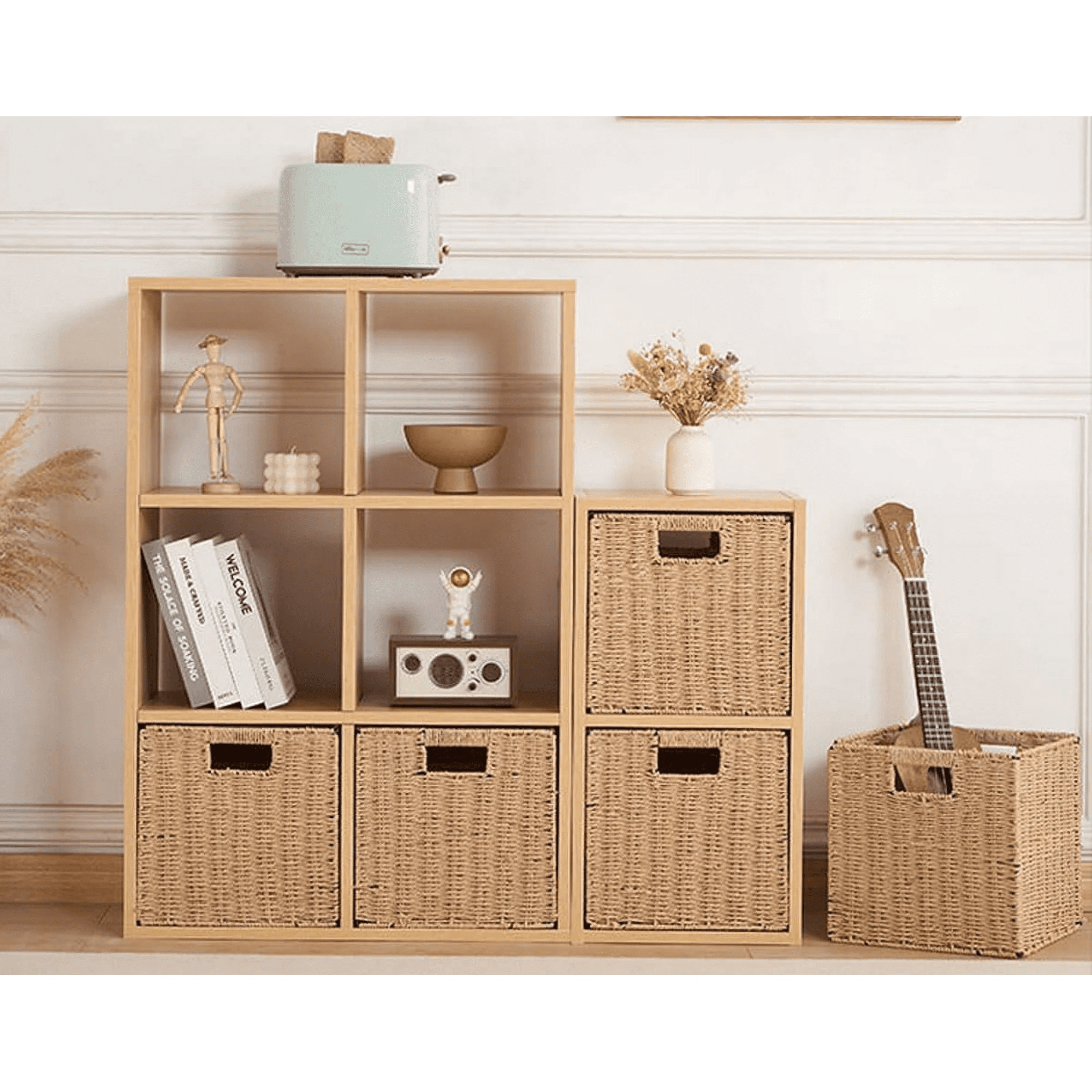 9.8 inch Set of 2 Wicker Basket, Woven Storage Baskets for Shelves with Handles Foldable Cube Storage Baskets Bins
