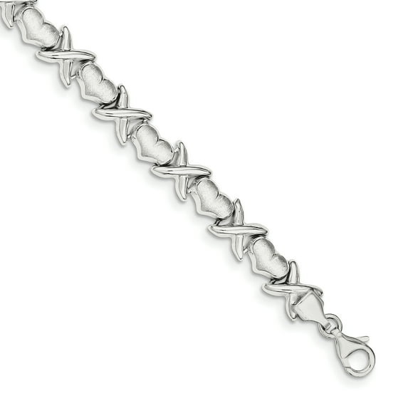 925 Sterling Silver Polished and Satinch X and Hearts Bracelet