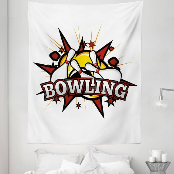 Bowling Tapestry, Cartoon Comic Book Style Design Stars Retro Style with Crash Effects, Fabric Wall Hanging Decor for Bedroom Living Room Dorm, 5 Sizes, Ruby White Yellow, by Ambesonne
