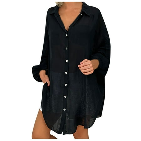 Dezsed Womens Button Shirts Linen Cotton Long Sleeve Blouse Tunic Tops Cover Up Shirt Loose Beach Bikini Dress Clearance Black L