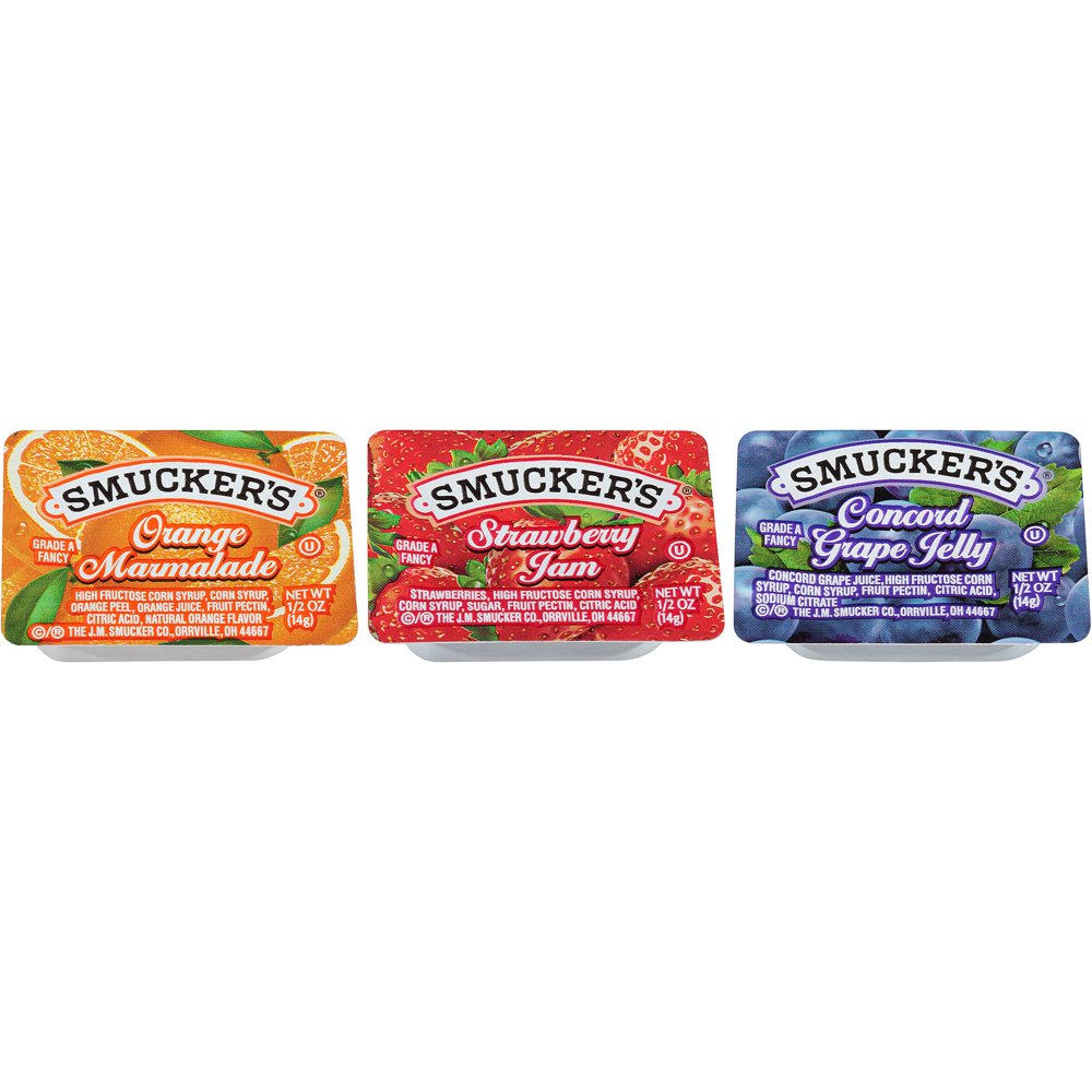 Smuckers Assortment 5 Jelly, 1/2 Ounce 200 per case.