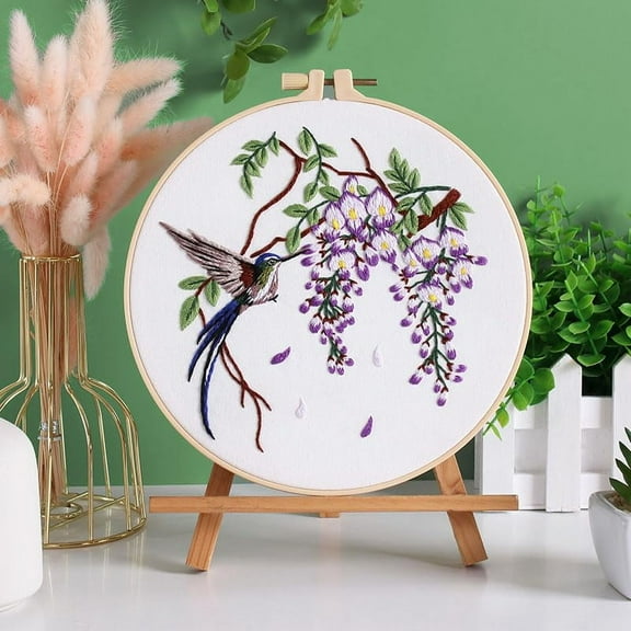Embroidery Starter Kits with Hummingbird & Flowers Pattern and Instructions, Plastic Embroidery Hoops,Color Threads and Needles,Embroidery Kit for Home Decor(LE155)