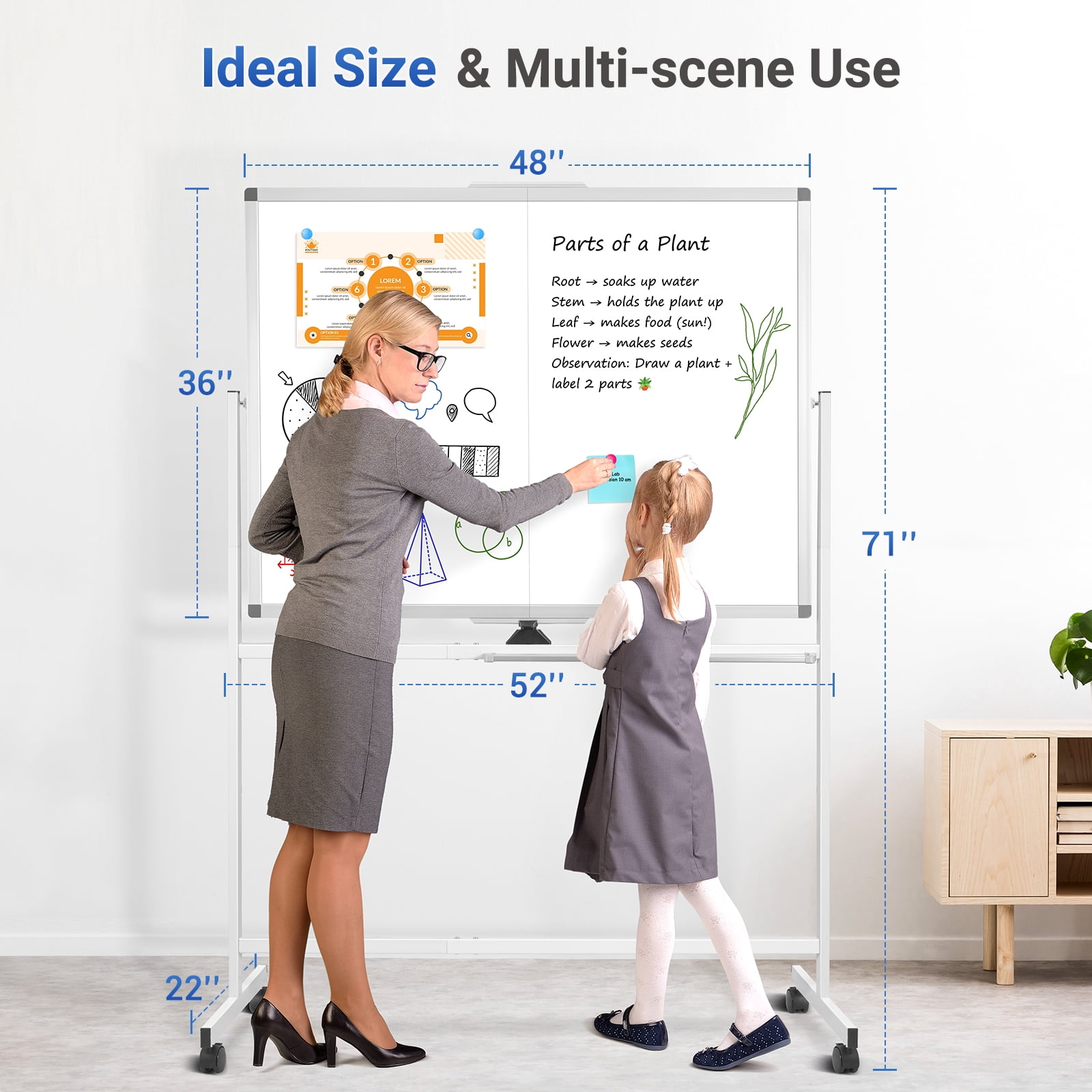 DOLLAR BOSS Rolling White Board Dry Erase Board Rolling 48"x36" Double Sided Large Standing Whiteboard Easel with Wheels Mobile White Board with Stand for Office, Classroom & Home, White