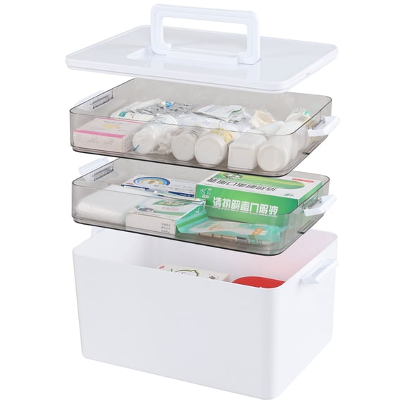 Minekkyes 3-Tier Plastic Medicine Storage Box with Handle, Medicine Cabinet Organizer with Removable Tray, White
