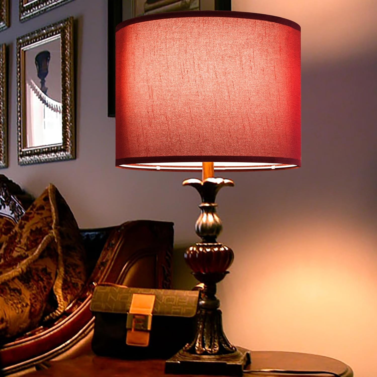 13" Burgundy Red Lamp Shades Faux Silk, Set of 2 Medium Victorian Lamp Shades for Table Lamps Floor Lamps,13 ×13 ×10 IN (Spider) Lampshades Replace,Night Stand Light for Bedroom Required Assembly