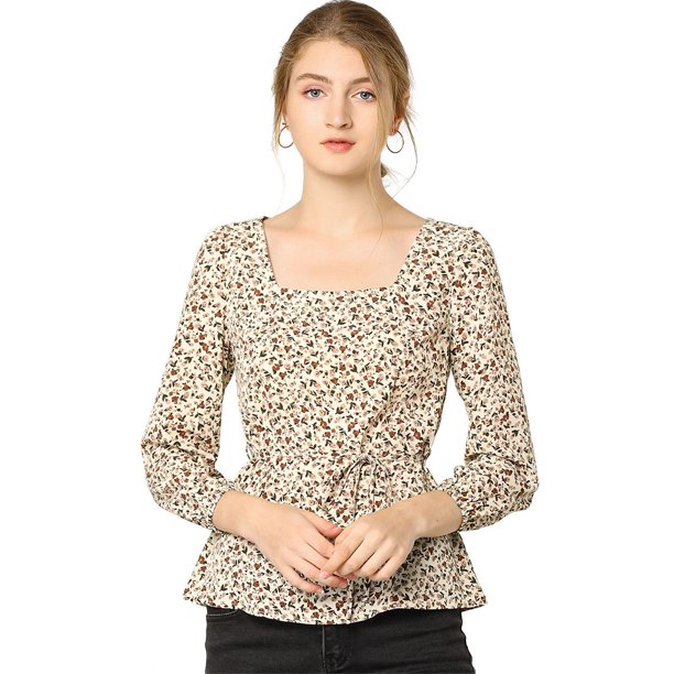Blusa de Cintura con Cinturón Y Estampado floral Allegra K Beige L