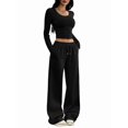 thumbnail image 2 of Women 2 Piece Matching Lounge Sets Clothing Comfiest Wide Leg Pants Y2K Sweatsuits Fall Outfit Black XS, 2 of 9