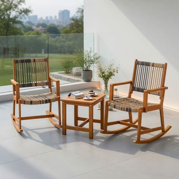 Resenkos 3-Piece Acacia Wood Patio Rocking Set with PE Rattan Seats – Outdoor Rocker Bistro Set for Backyard, Porch & Poolside (2 Chairs 1 Side Table)