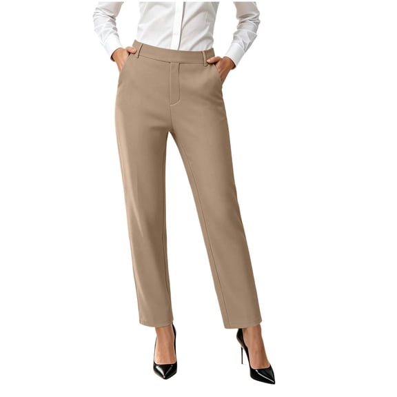 Vynhevius Women's Dress Pants Solid High Waist Straight Leg Pockets Stretch Work Trousers