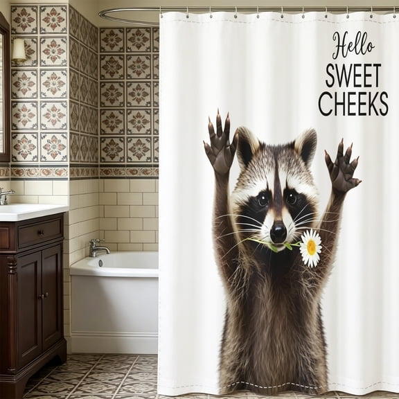 Humorous Raccoon Daisy Hello Sweet Cheeks Shower Curtain, Funny Christmas Adult Home Bathroom Decor Curtain