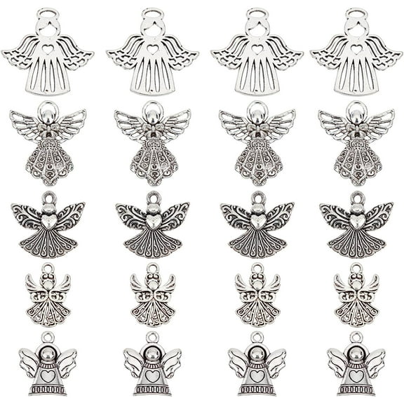 1 Box 50Pcs 5 Style Guardian Angel Charms Angel Wing Charms Bless Lucky Charm Fairy Wing Tibet Style Alloy Fairy Charm for Jewelry Making Charms DIY Craft Bracelets Necklace Earrings Women