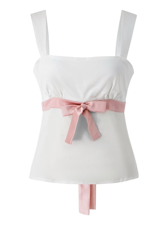 Women Sleeveless Tank Tops Wide Shoulder Straps Tie-Up Waist Bandage Summer Low-Cut Camisole