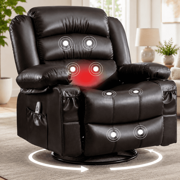 UHOMEPRO Swivel Rocker Recliner Chair, PU Leather Recliner with Heat and Massage, USB Charge Port, Side Pockets and Cup Holder, 360-degree Rotation, 300lbs, Brown