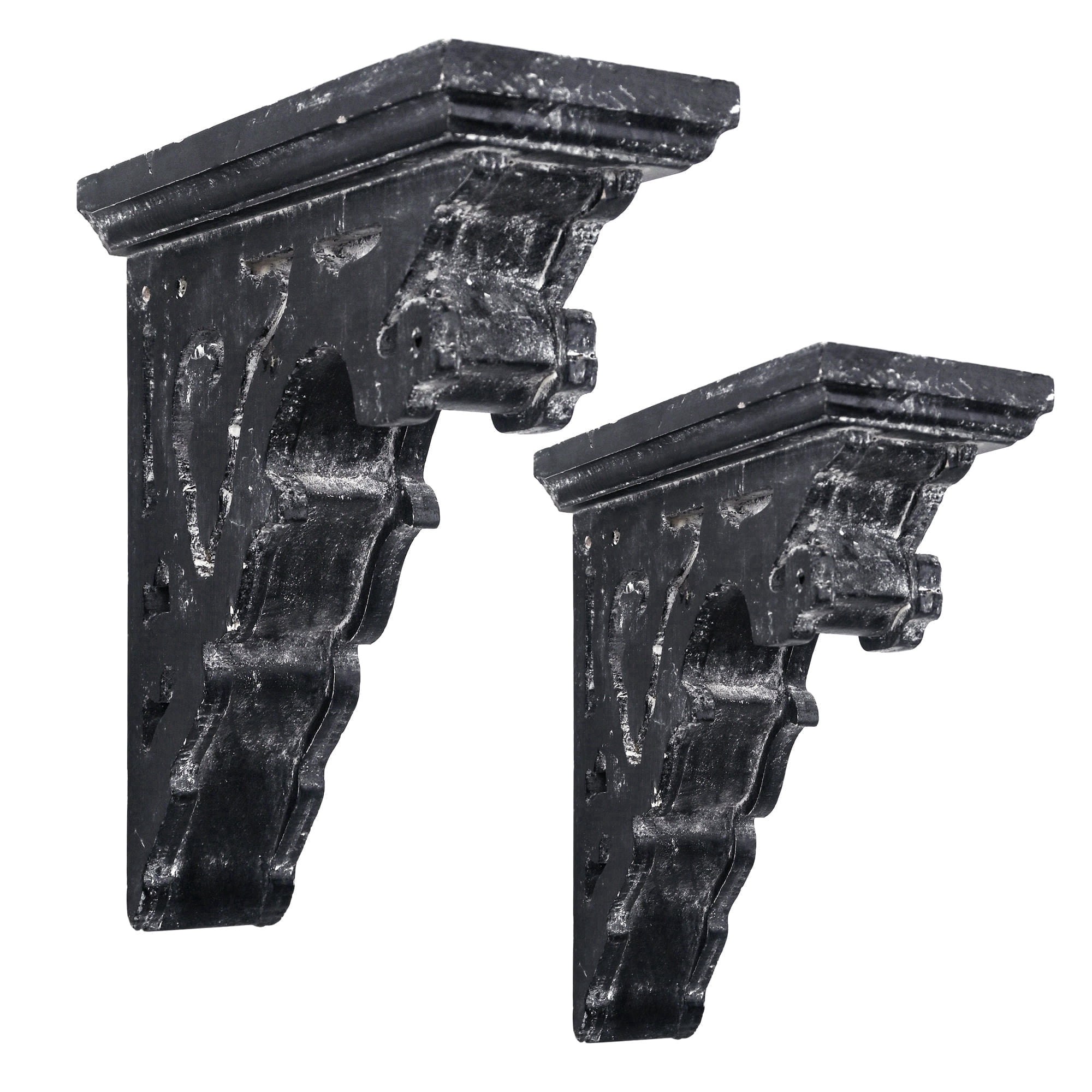Wood Corbels Sets of 2 Wooden Shelf Brackets Corbels for Shelf Shabby Wood Corbel Brackets Vintage Style, 3.1" x 7.2" x 7.8"，Black