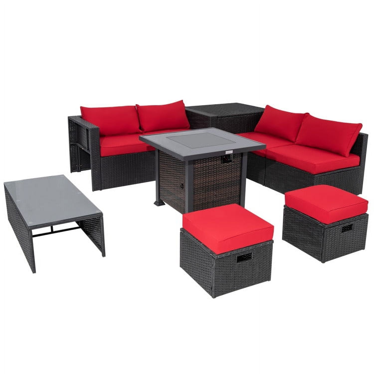 Aimee Lii 9 Pieces Patio Furniture Set with 32” Fire Pit Table and 50000 BTU Square Propane Fire Pit, Outdoor Patio Furniture, Red Aimee Lii 9 Pieces Patio Furniture Set with 32” Fire Pit Table and 50000 BTU Square Propane Fire Pit, Outdoor Patio Furniture, Red