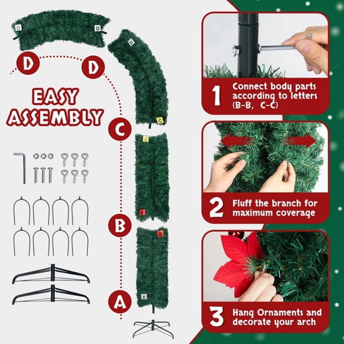 Alvantor 8.7 ft Unlit Artificial Christmas Arch with 1,860 PVC Branch Tips, Ornaments and Steel Stands, Green