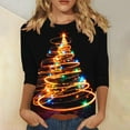 thumbnail image 2 of Womens T-shirts Xmas Tree Print Christmas Shirts 3/4 Sleeve Tops Round Neck Casual Trendy Holiday Graphic Tees (L, Black 01), 2 of 5