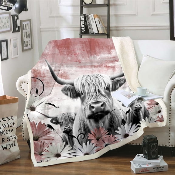 Erosebridal Highland Cow Print Blanket,Red Western Farmhouse Throw Blanket Rustic Home Decor,Longhorn Cattle Farm Animal Fleece Blanket Daisy Flowers Fuzzy Blanket Cowboys Gifts for Men Women 50"x60"