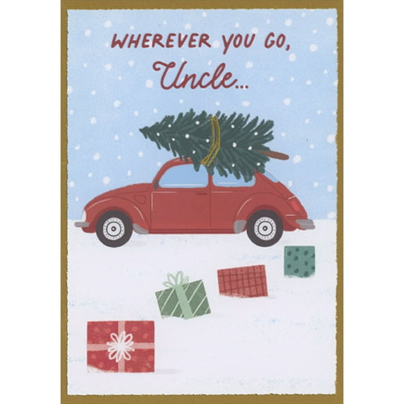 Designer Greetings Red Car with Tree Tied on Roof, Red and Green Gifts in Snow Christmas Card for Uncle