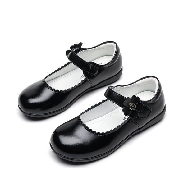XIMIN Girls Mary Jane School Uniform Dress Shoes Closed-Toe PU Leather Ballet Flats with Flower Strap Flat Heel for Formal Daily Occasions (Black, 8-9 Years)