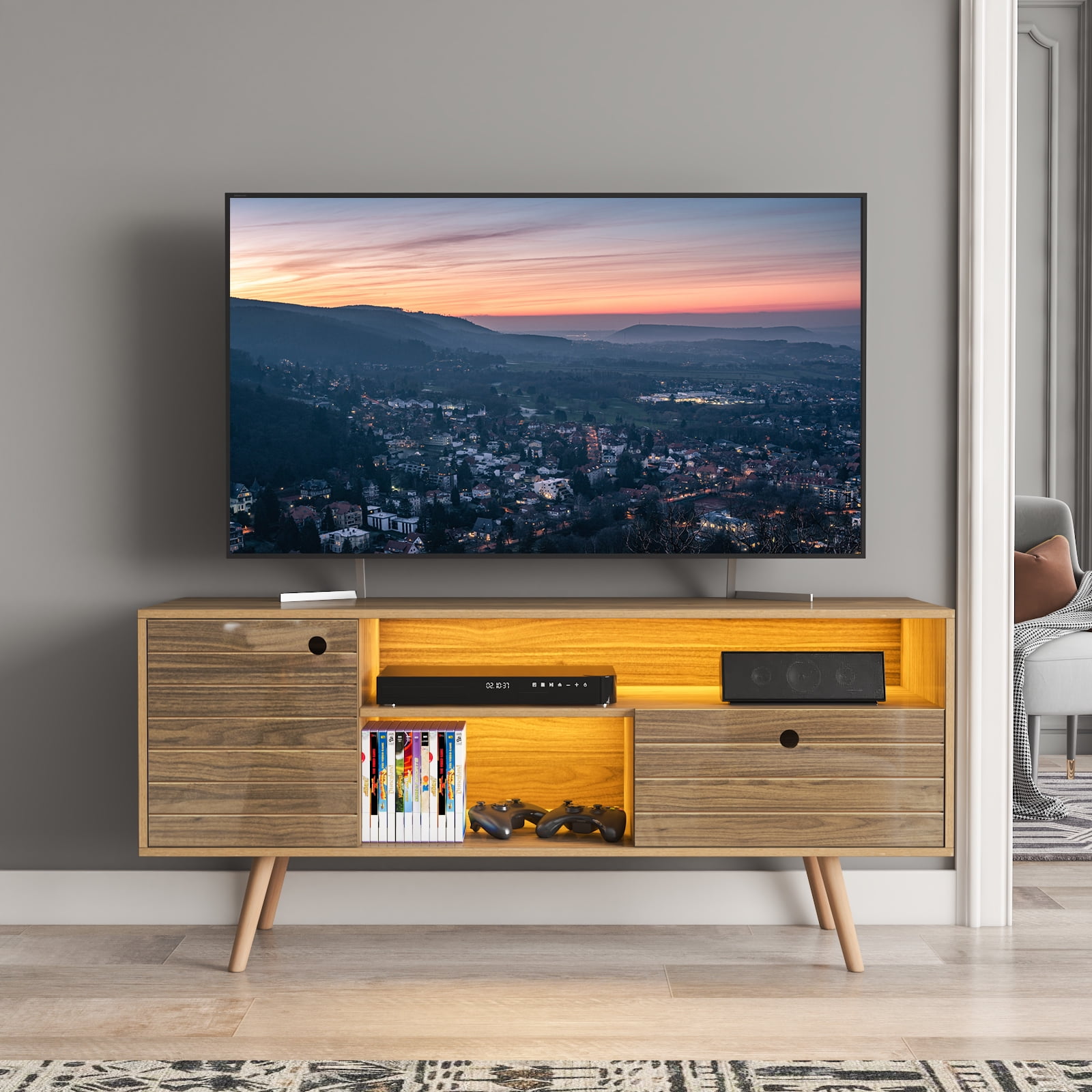 LED TV Stand Modern Cabinet with Drawers Storage Media Console for TV up to 60'' Flat Screen for Living Room Furniture Entertainment Center - Walmart.com