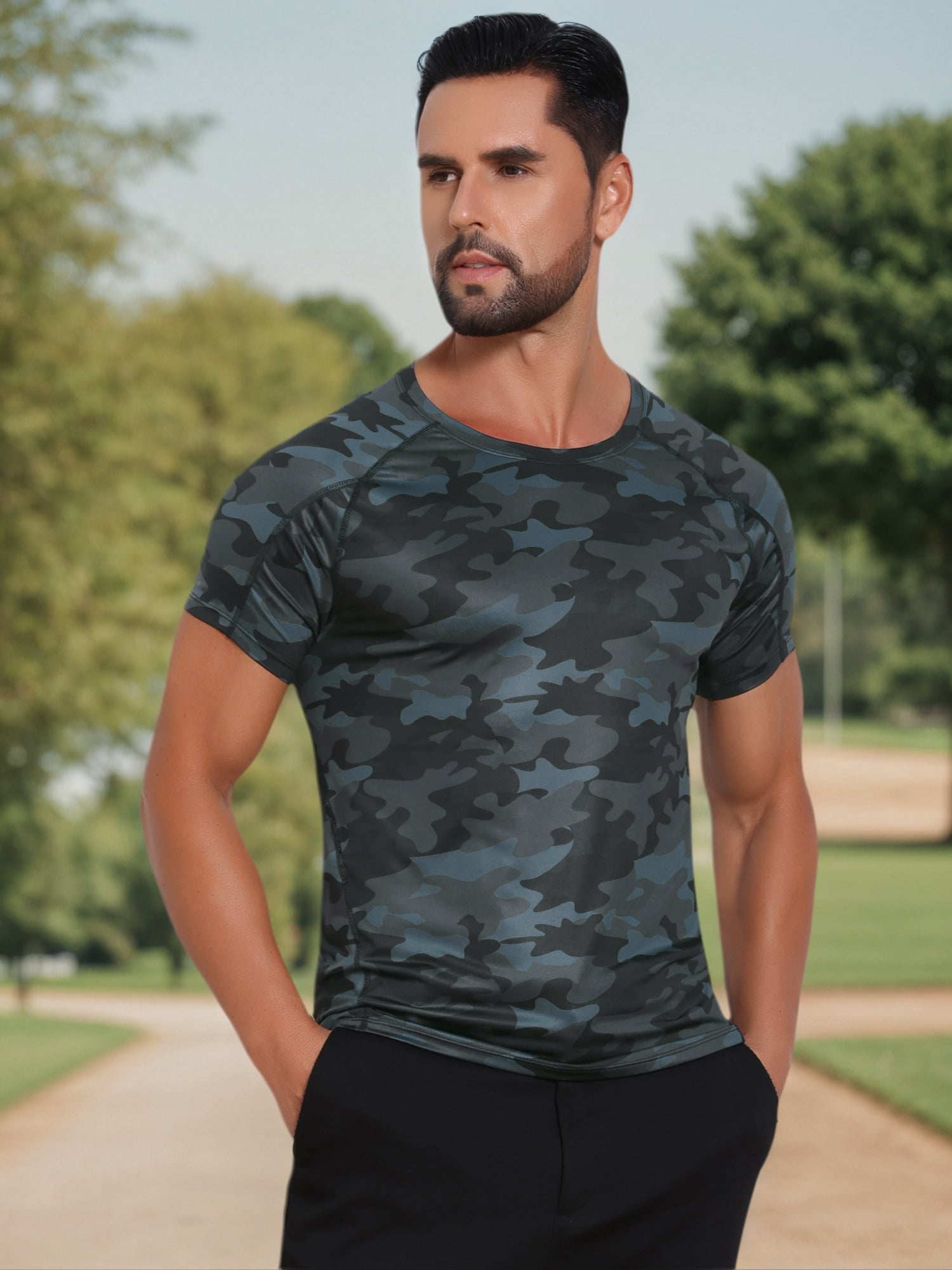 DARING DIVA Men's Workout Stretch Crew Neck Short Sleeve T-Shirt L Dark Gray