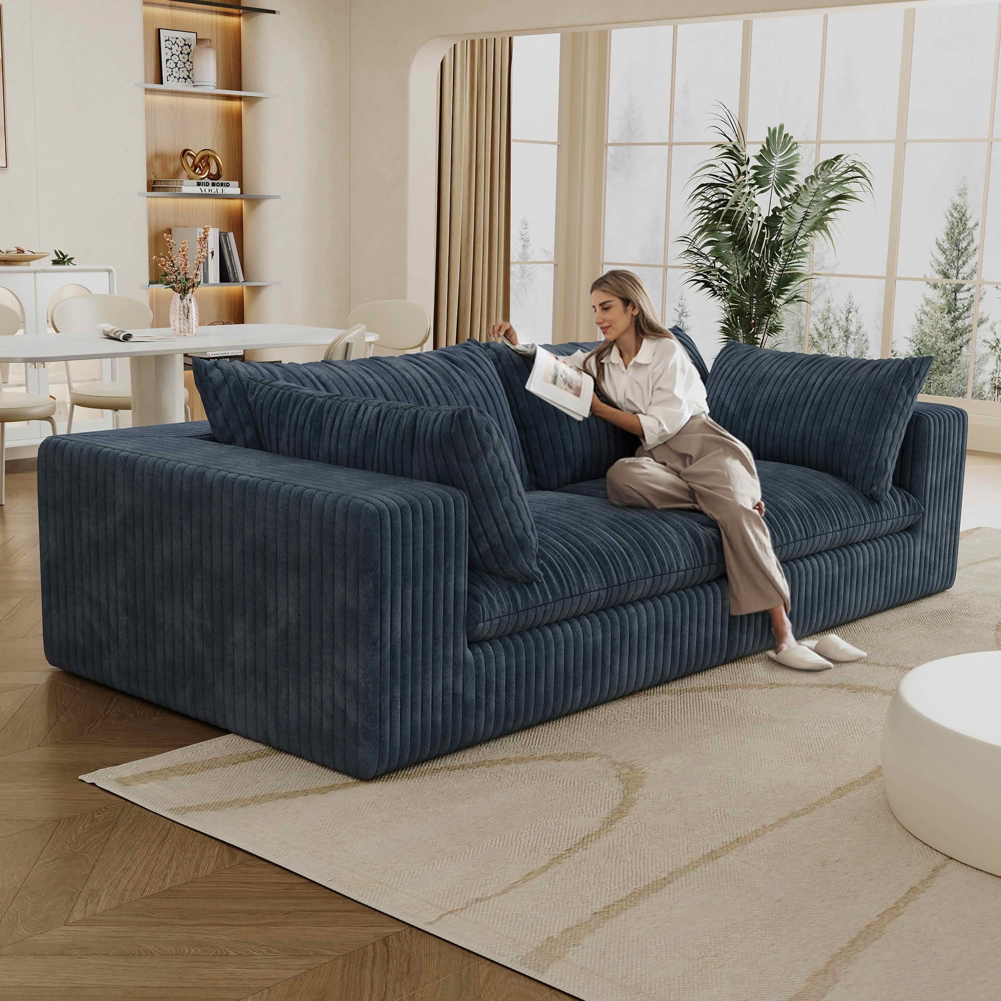 MAYEERTY 78.8" 2-Seat Corduroy Sofa, Feather-Filled Cushion Modular Design, Full Sponge Support No Wooden Frame, No Assembly, Blue