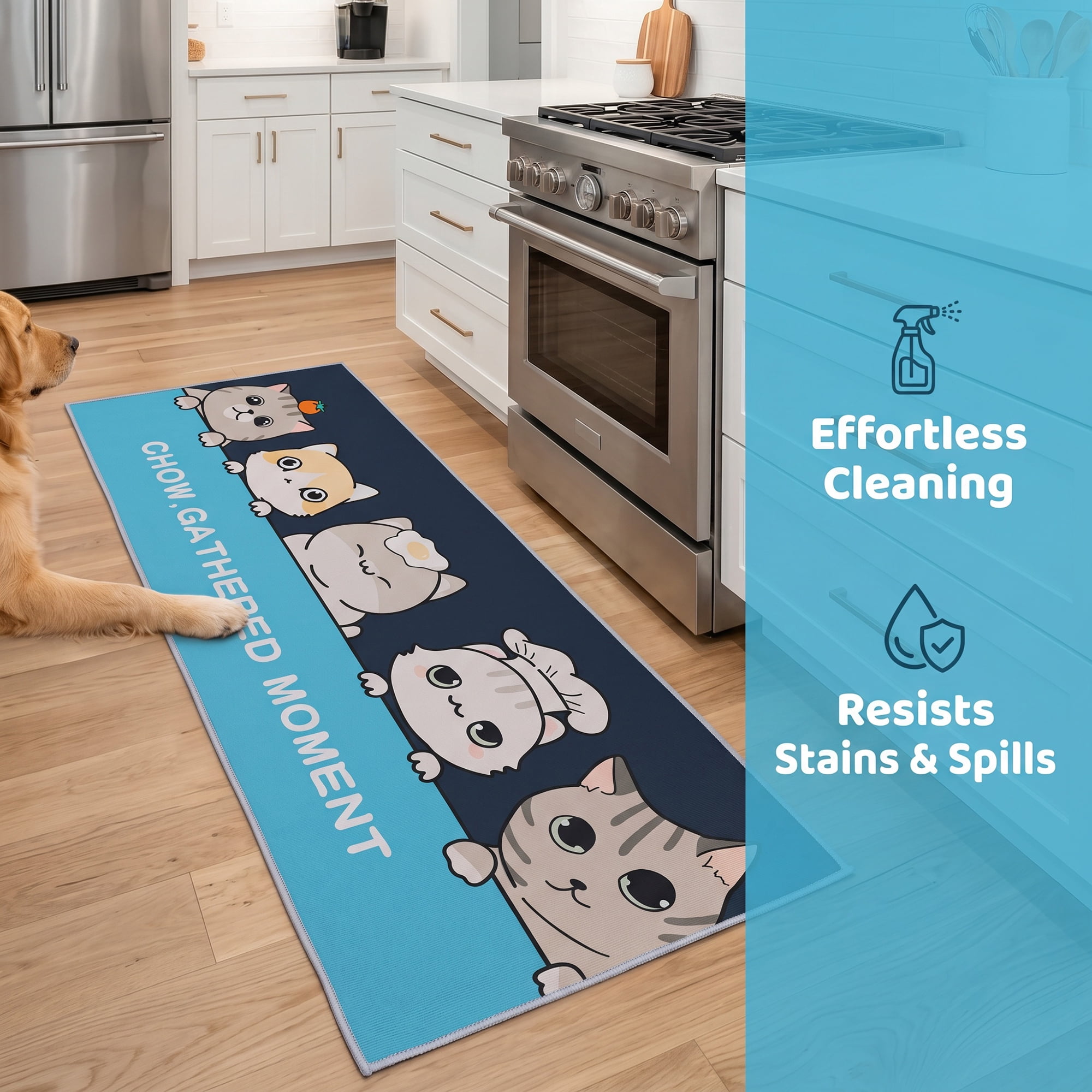 Unique Bargains Non Slip Cat Floral Printed Kitchen Rugs and Mat Dark Blue 31"x20"+47"x20"