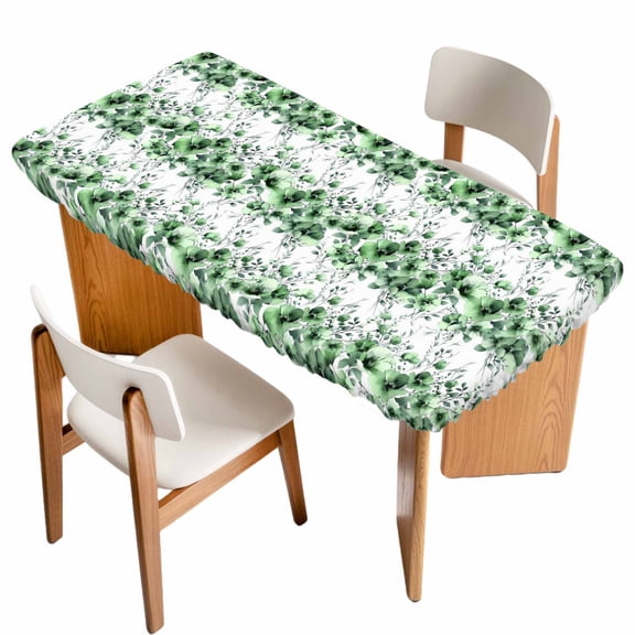 Green Floral Table Cloths for 3 Foot Rectangle Tables, Vintage Farmhouse Garden Flower Leaves Patio Waterproof Elastic Fitted Tablecloths, Washable Rectangular Table Cover for Camping