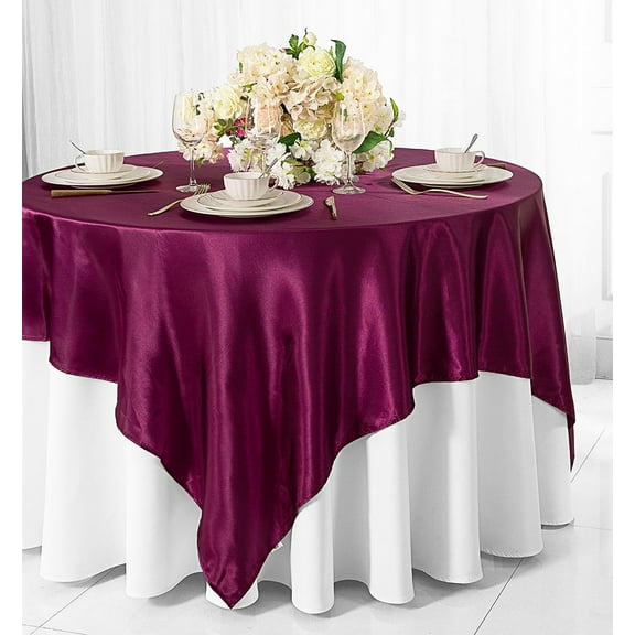 Wedding Linens Inc. 85 inch Square Satin Table Overlay Toppers - Sangria