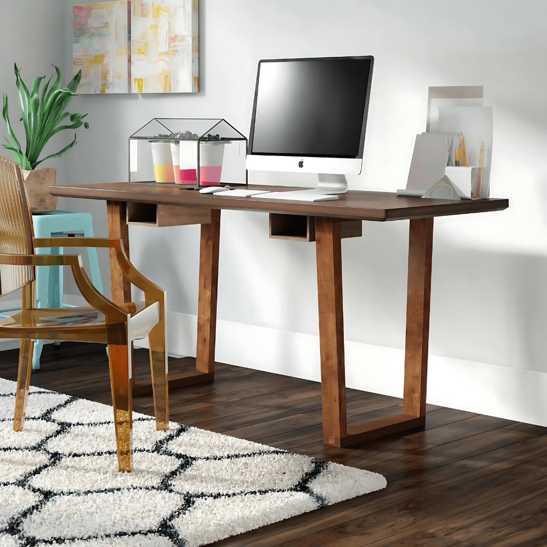 Posh Pollen - Arden Desk - Modern Wood Desk with Open Storage and Trapezoid Legs