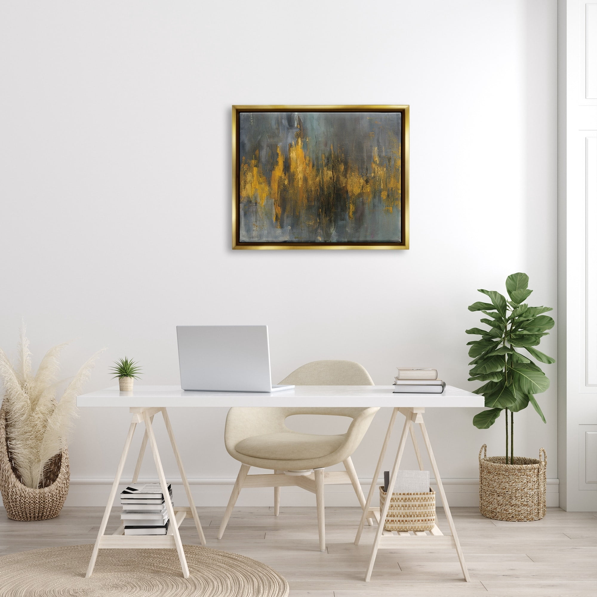 Stupell Industries Black and Gold Abstract Fire Luster Gray Framed Floating Canvas Wall Art, 24x30, by Danhui Nai