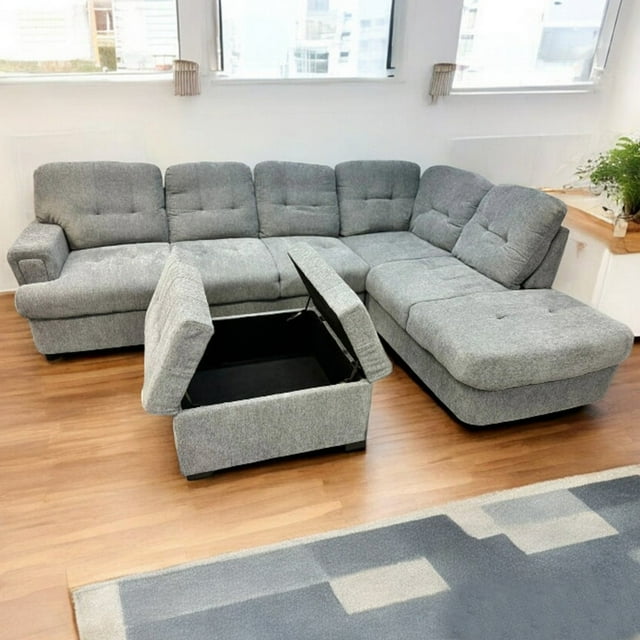 Cosmic Homes Ensemble de Canapé Sectionnel Bena avec Méridienne RHF et Pouf de Rangement, Gris – Canapé en L avec Dossier Capitonné et Rangement Dissimulé