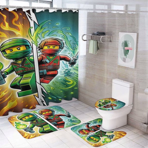 Juego de 4 cortinas de ducha Ninjago con alfombrillas antideslizantes, tapa de inodoro y alfombrilla de baño, cortina de ducha impermeable con decoración de dibujos animados para baño con 12 ganchos,