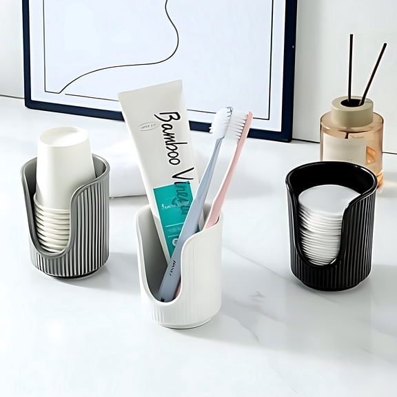 Ceramic Bathroom Cup Dispenser with Stylish Vertical Stripes - Disposable Mouthwash Cup Holder Holds 3-4oz Paper Cups for Rinsing Cups on Bathroom Vanity Countertops (White)