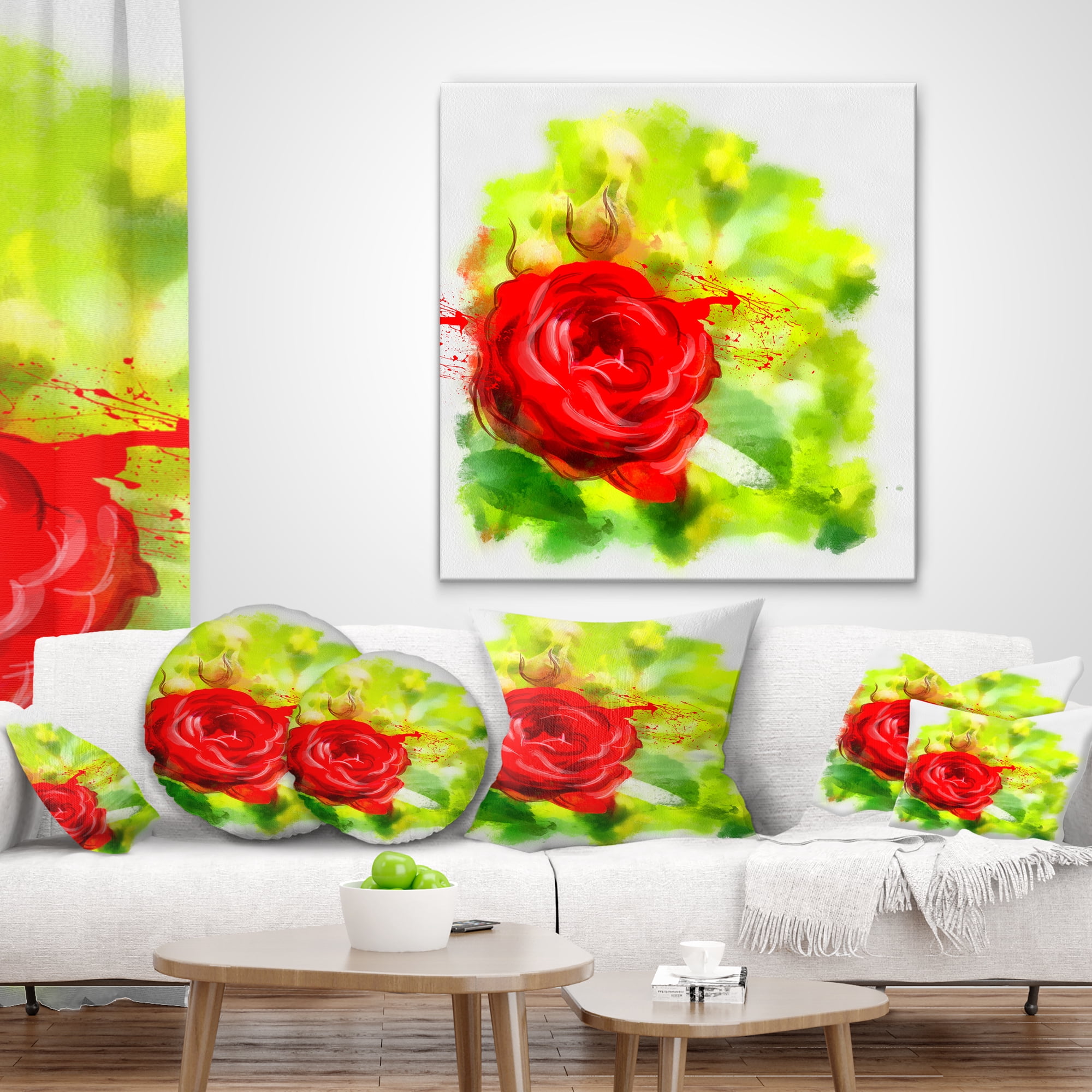 Designart Bright Red Rose on Light Green - Floral Throw Pillow - 18x18