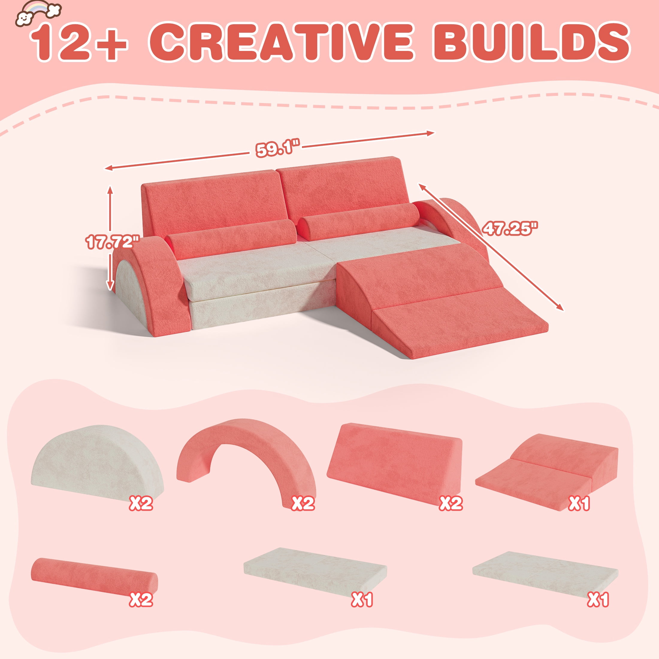 11PCS Modular Kids Play Couch, HSUNNS Fabric Kids' Sofa with Removable Cover, Convenient Storage, Indoor Foam Sofa Living Room Sectional Couch for Boys Girls 3-8, CPC Certification, Pink