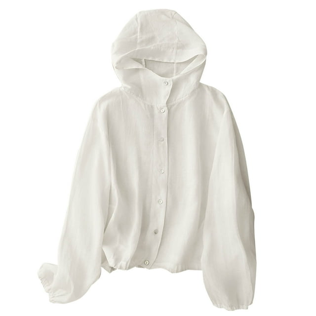 Kaemgyyd Womens Hoodies Cotton Linen Breathable Button down Summer Tops Long Sleeve Sun Protection Beach Jacket with Pockets