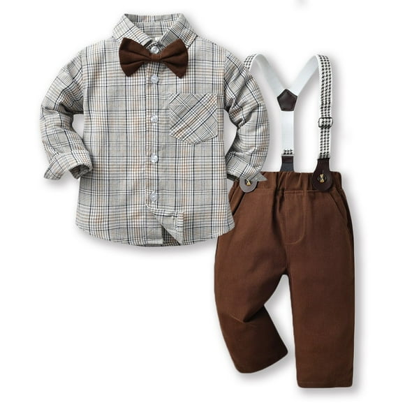 AherBiu Boys Gentleman Outfits Plaid Button down Shirts Dress Rompers Formal Wedding Toddler Suit Sets