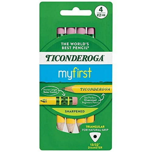 Ticonderoga My First Short Triangular Wood-Cased Pencils, 2 HB Soft, With Erasers, Yellow, 4 Count