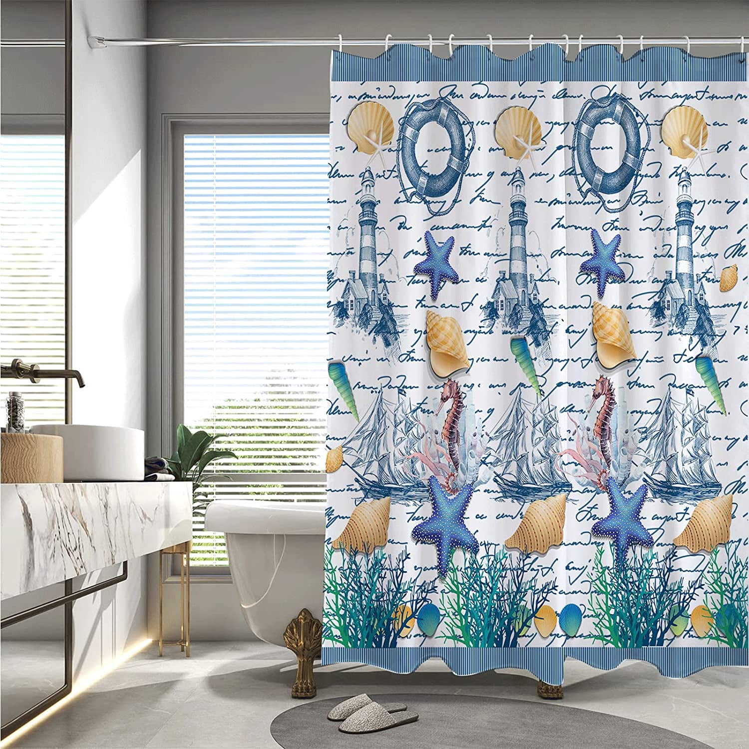 Blue Nautical Shower Curtains,Coastal Lighthouse Shower Curtain Set for Bathroom Waterproof Fabric Stall Bath Curtain with 12 Hooks Rings Extra Long 72x72in