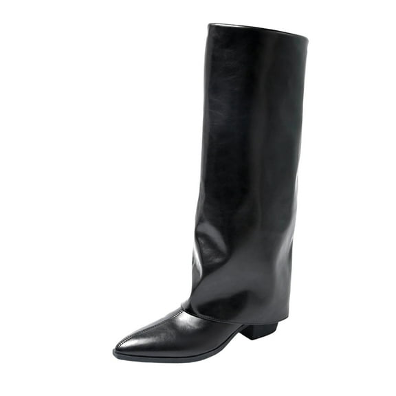 Black Women Knee-Length Boots With Pointed Toe And Thick Heel For Casual Wear
