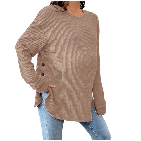 MeetoTime Women's Maternity Long Sleeve Ribbed Top with Side Buttons Solid Color Round Neck Loose Pregnancy Blouses
