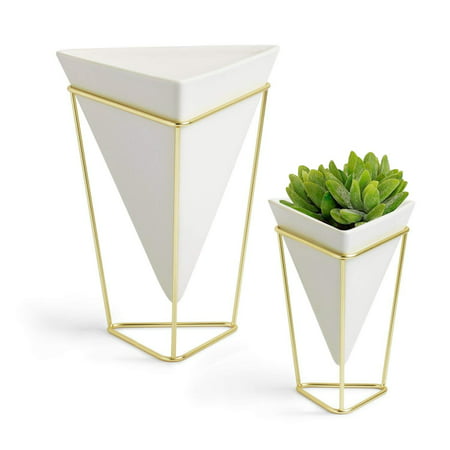 2-Pack White Geometric Vase Set, Big & Small Modern Desktop Planters for Succulents, Small Artificial Plants, Faux Flowers, Cactus Plants & More, Ceramic Planter with Stand, Indoor Desk Plant (Best Flowers For Small Pots)