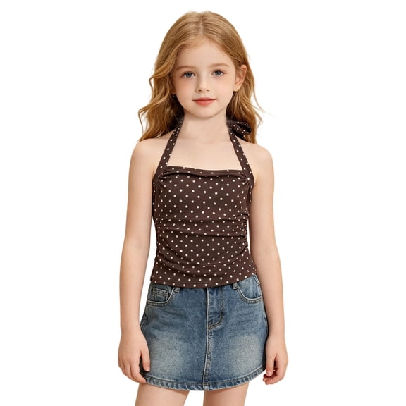 Girls Polka Dot Halter Cami Top Kids Bow Tie Back Sleeveless Tank Top Slim Fit Ruched Side Y2K Spotted Summer Casual Crop Vest(Black,10-11 Years)