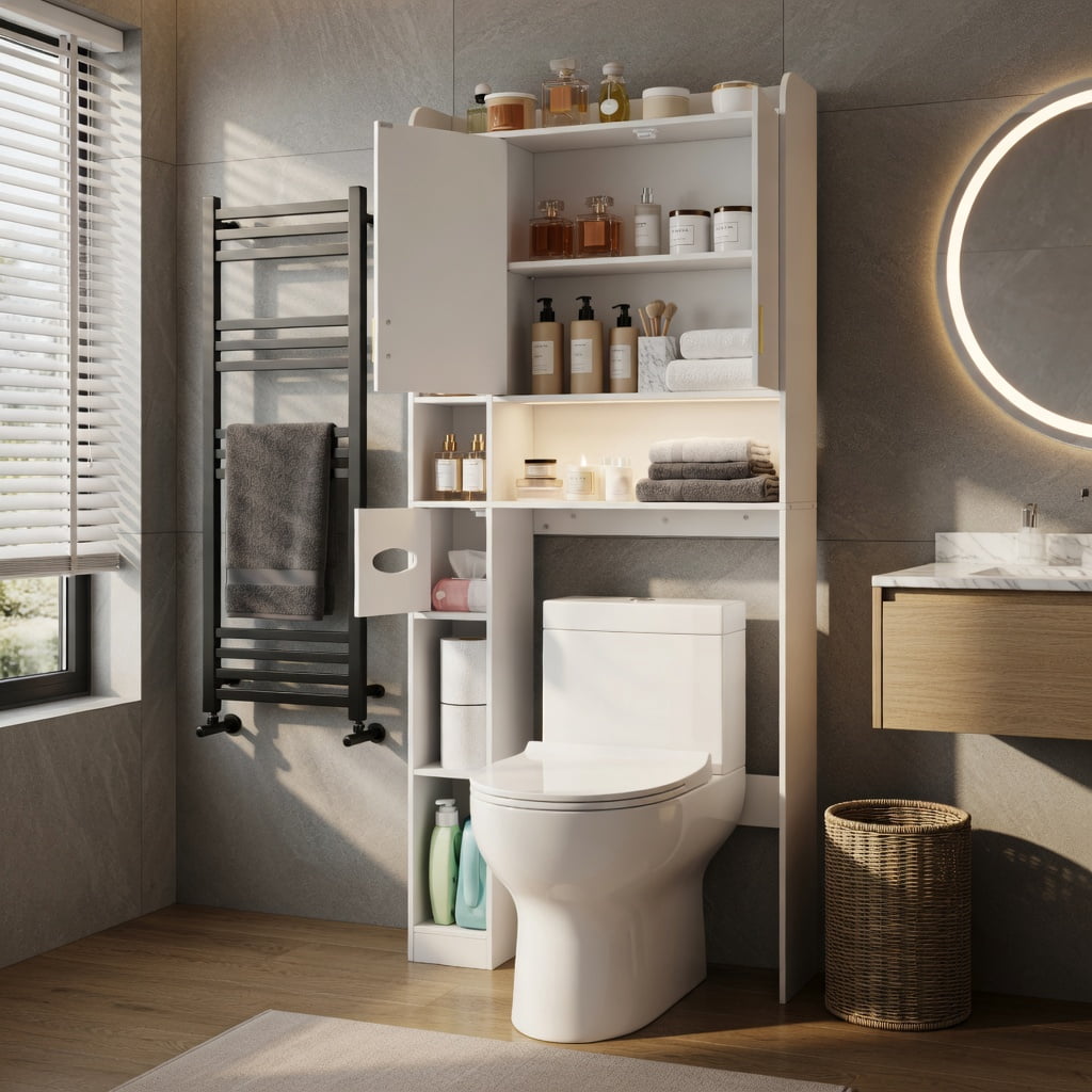 Hommoo Over-the-Toilet Storage Cabinet with LED Lighting, Adjustable Shelves & Wall-Mount Safety Kit, Freestanding Bathroom Organizer, White