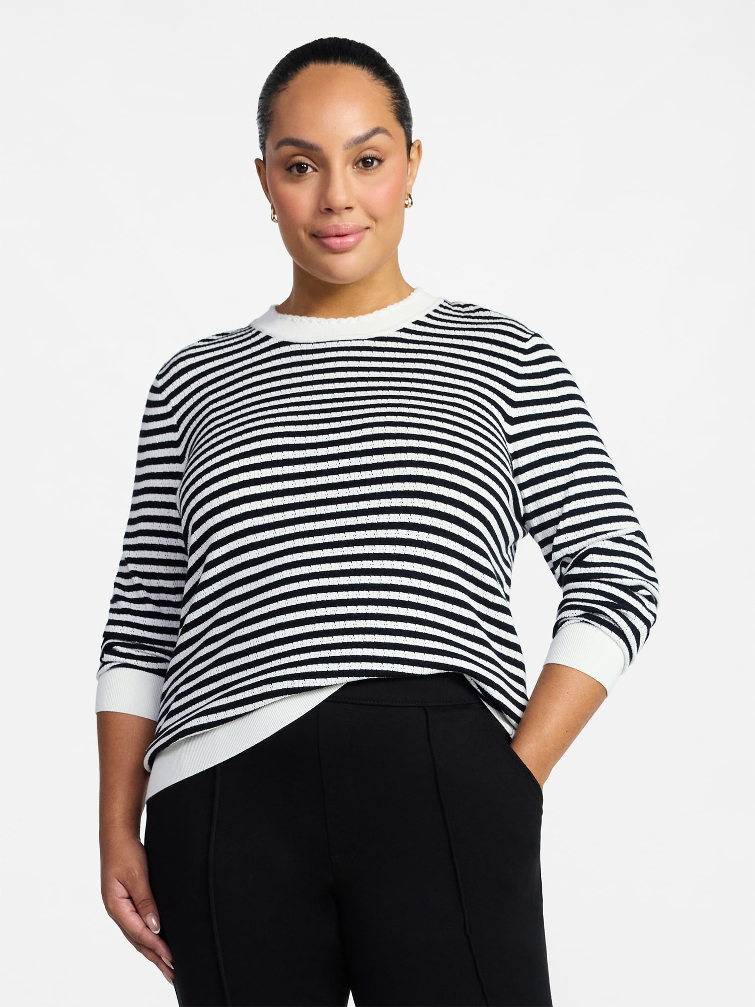Time and Tru Women's Stripe Pointelle Rib Sweater with Long Sleeves, Lightweight, Sizes XS-XXXL